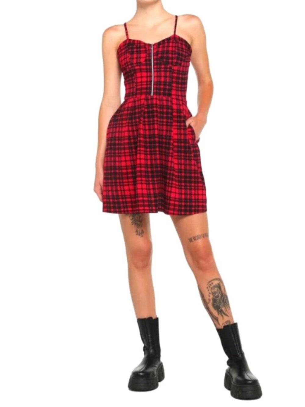 Hot Topic Plaid Zip Pleat Mini Dress Red Black Check Punk Grunge NWT Size Large